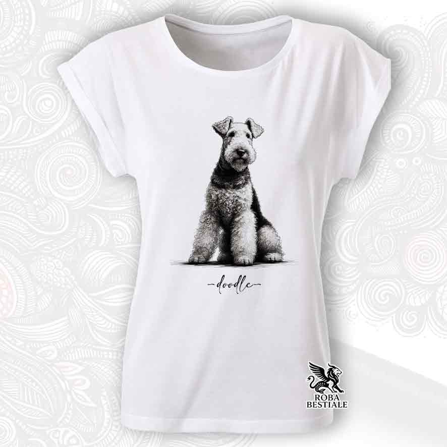 T-shirt bianca stampata con un Airedale Terrier, grafica Doodle