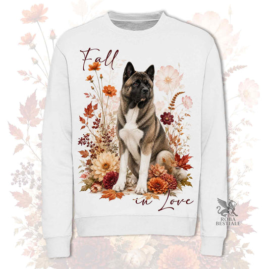 Felpa girocollo bianco stampata con un Akita Americano seduto in mezzo a fiori e foglie autunnali. Grafica originale Roba Bestiale, collezione Fall in Love