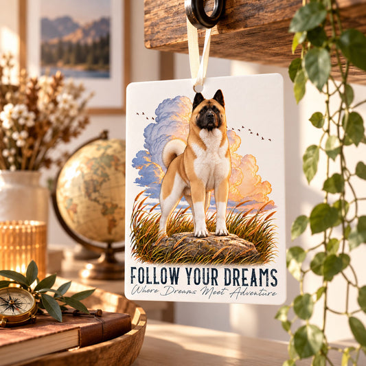 Car Air Freshener QUOTES "DREAM" - Fawn White AMERICAN AKITA - Felt, with cord - 7.5 x 10 cm