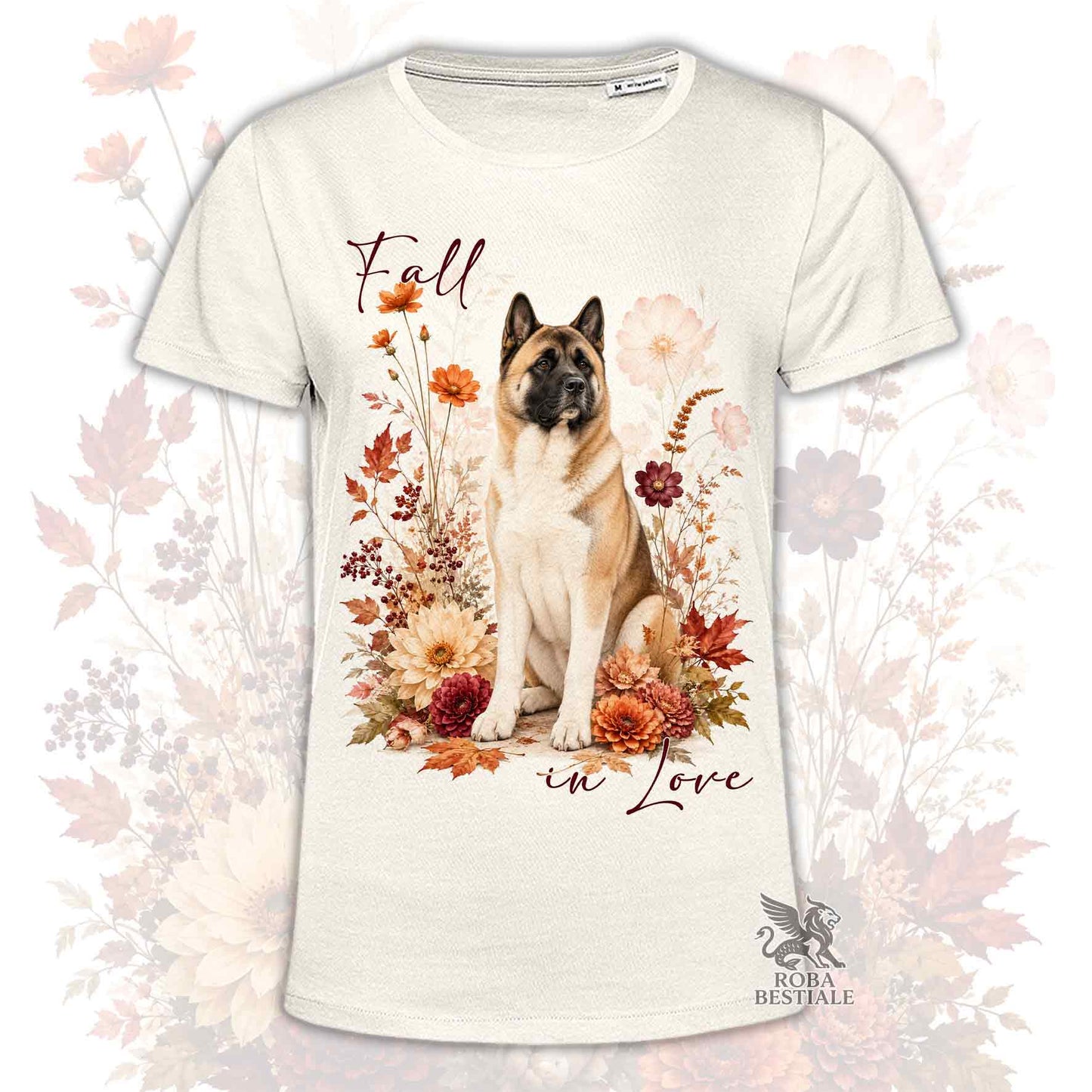 T-shirt beige stampata con un Akita Americano seduto in mezzo a fiori e foglie autunnali. Grafica originale Roba Bestiale, collezione Fall