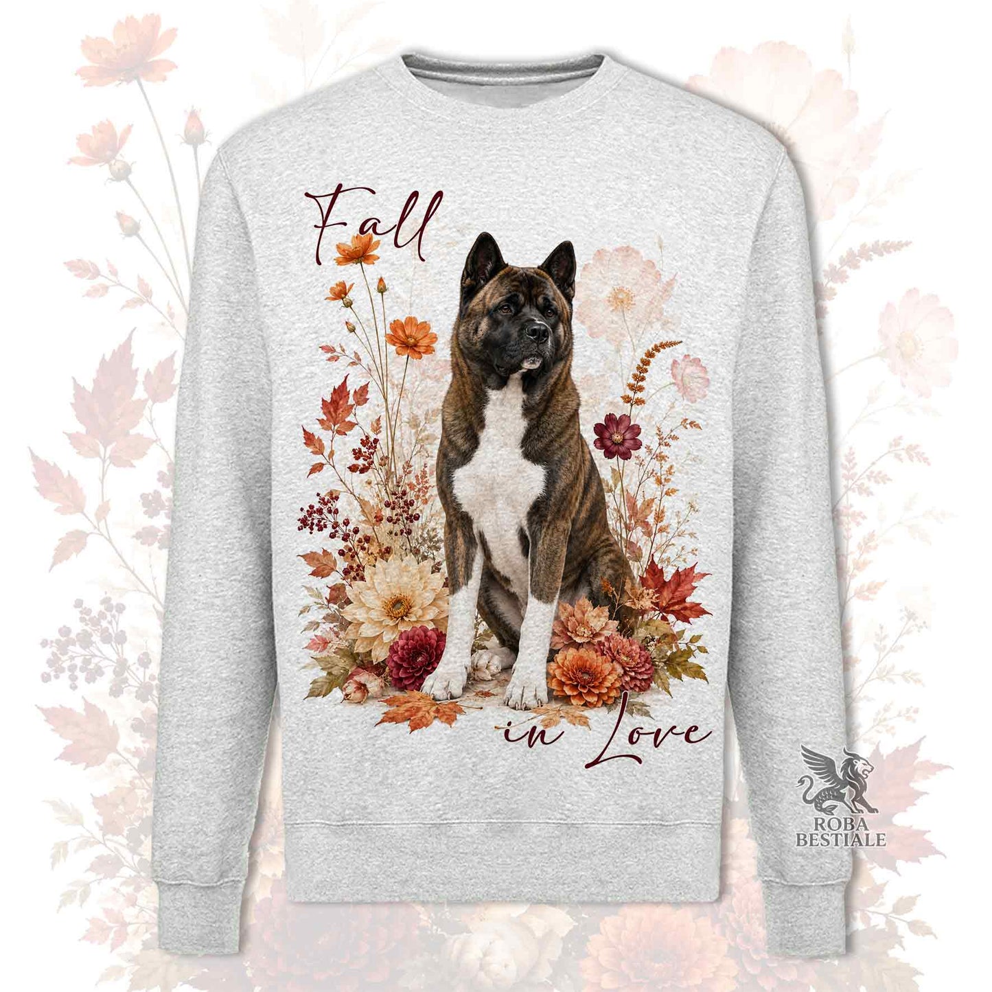 Felpa girocollo grigio stampata con un Akita Americano seduto in mezzo a fiori e foglie autunnali. Grafica originale Roba Bestiale, collezione Fall in Love