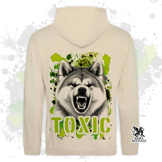 Felpa con cappuccio beige chiaro con stampa cane e scritta TOXIC sul davanti