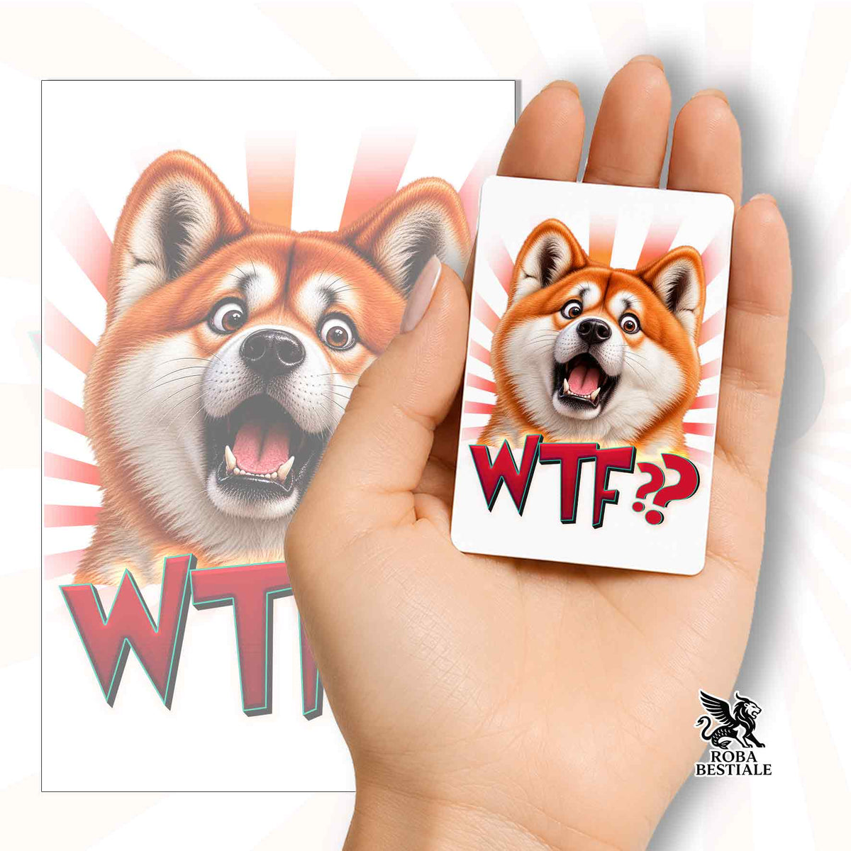 Calamita rettangolare con cane Akita Inu arancione e scritta WTF??