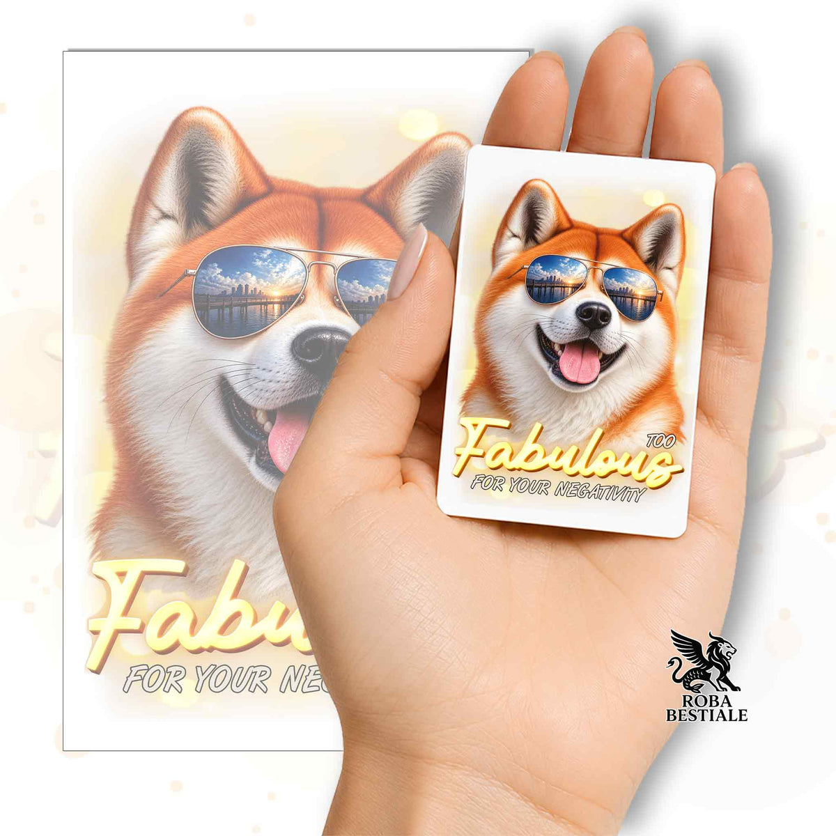 Calamita quadrata con cane Akita Rosso con occhiali da sole e scritta 'Fabulous'