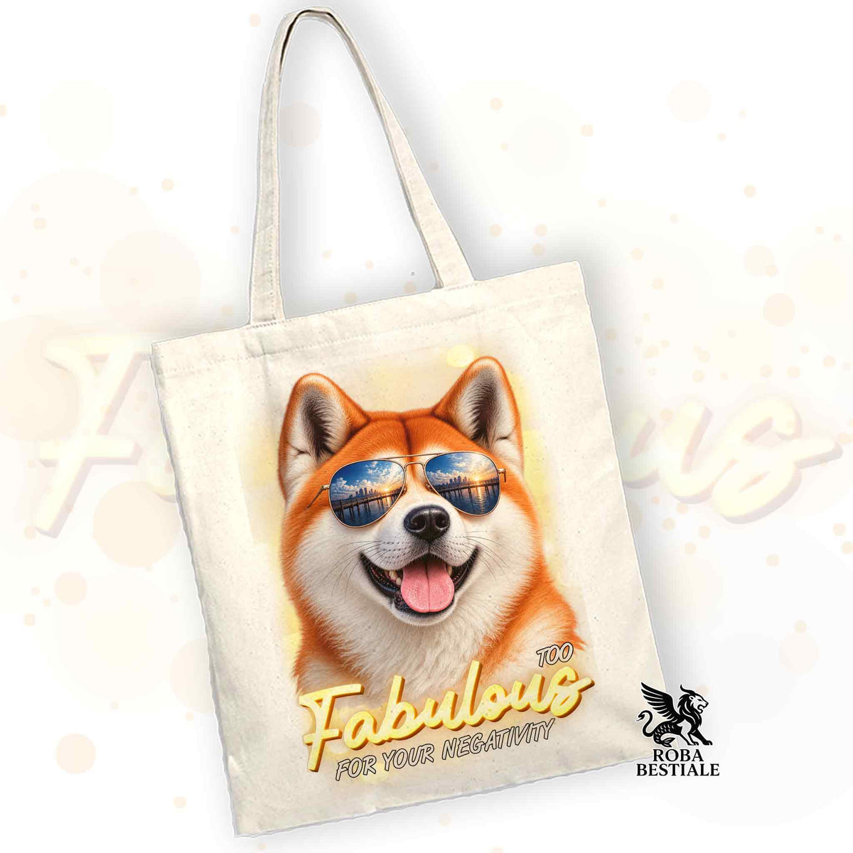 Borsa shopper in tela chiara con cane Akita arancione, occhiali blu e testo 'Fabulous'