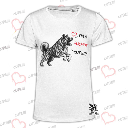 T-shirt bianca con stampa Akita a righe sul davanti e logo sul basso orlo