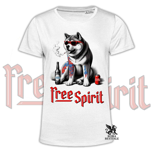 T-shirt bianca con stampa Akita con occhiali rossi, scritta Free Spirit e logo ROBA BESTIALE