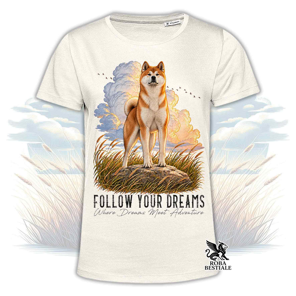 T-shirt bianca stampata con un Akita Inu. Grafica originale Roba Bestiale, collezione Dream