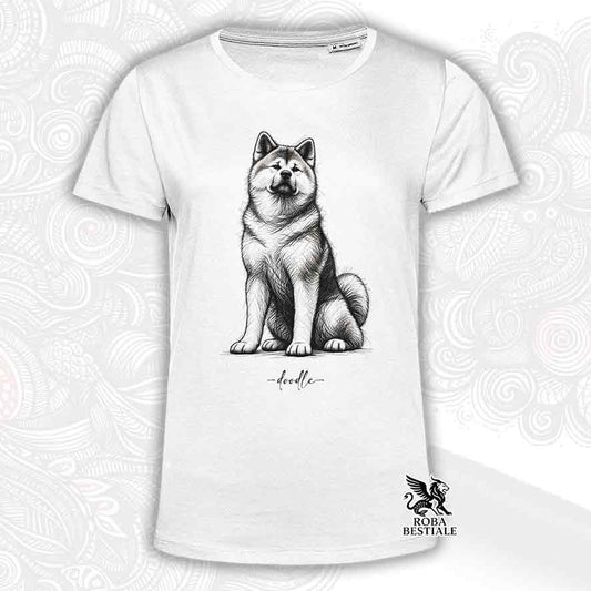 T-shirt bianca con stampa Akita in stile doodle e logo "ROBA BESTIALE" sul fondo