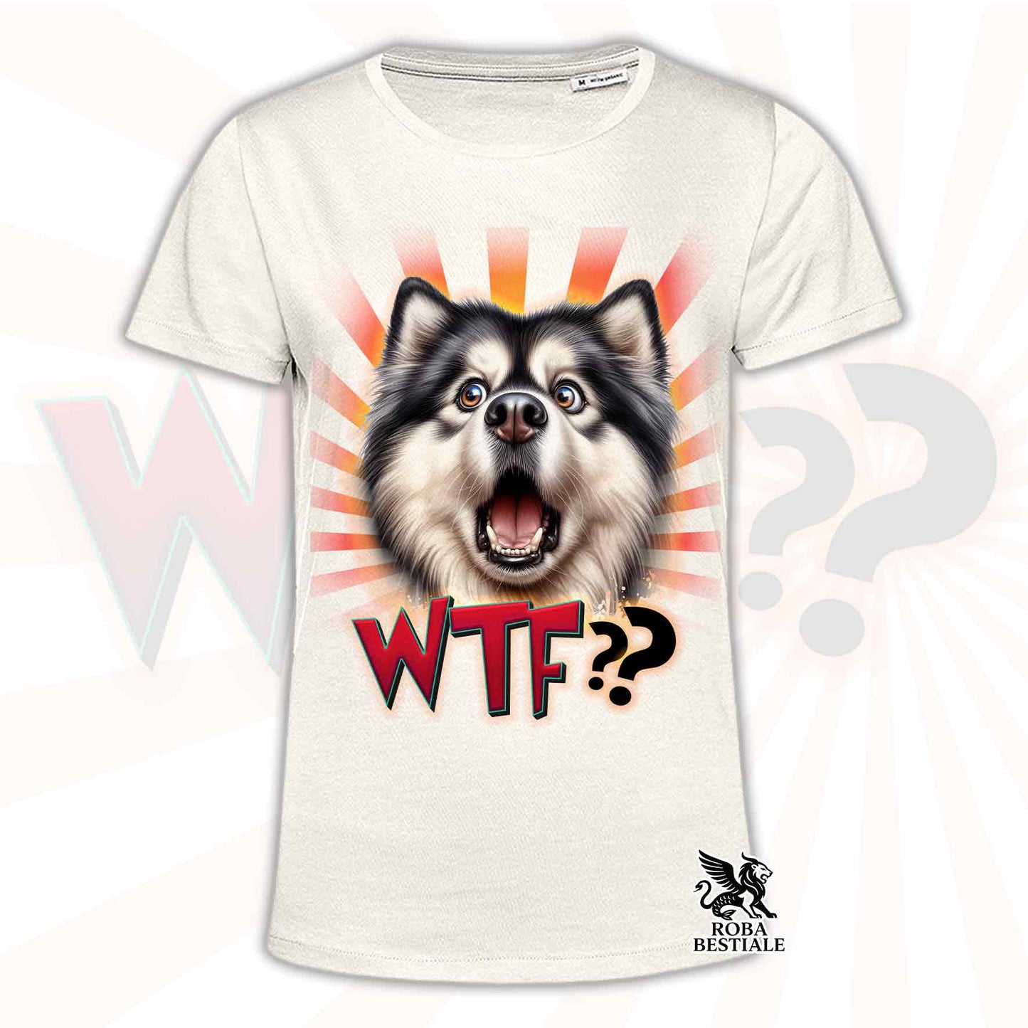 T-shirt beige stampata con un Alaskan Malamute con espressione sorpresa. Grafica originale Roba Bestiale, collezione WTF??