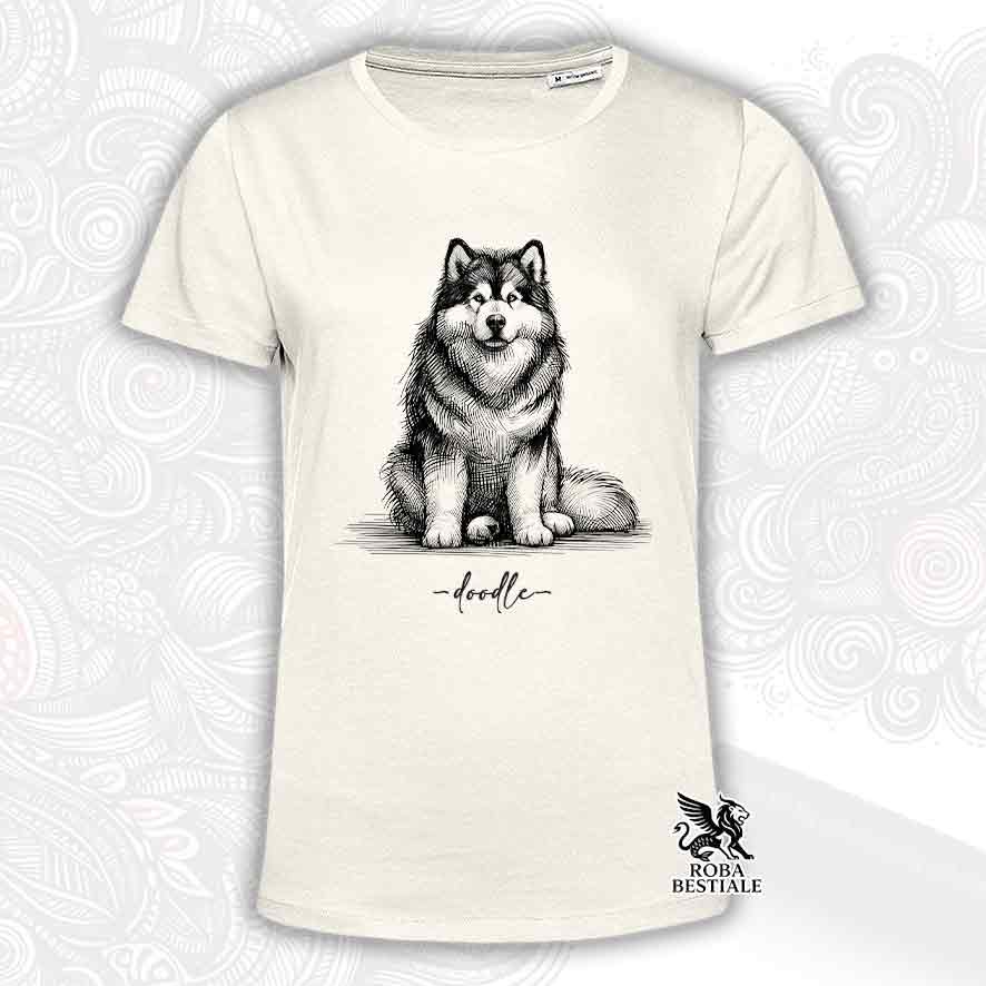 T-shirt beige stampata con un Alaskan Malamute, grafica Doodle