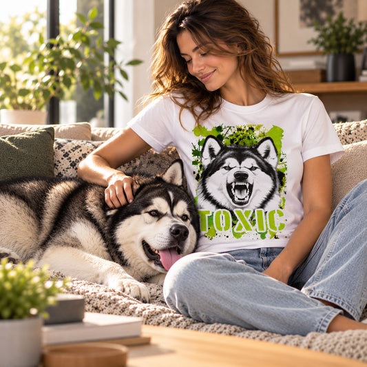 T-shirt bianca stampata con un Alaskan Malamute con espressione arrabbiata. Grafica originale Roba Bestiale, collezione Toxic