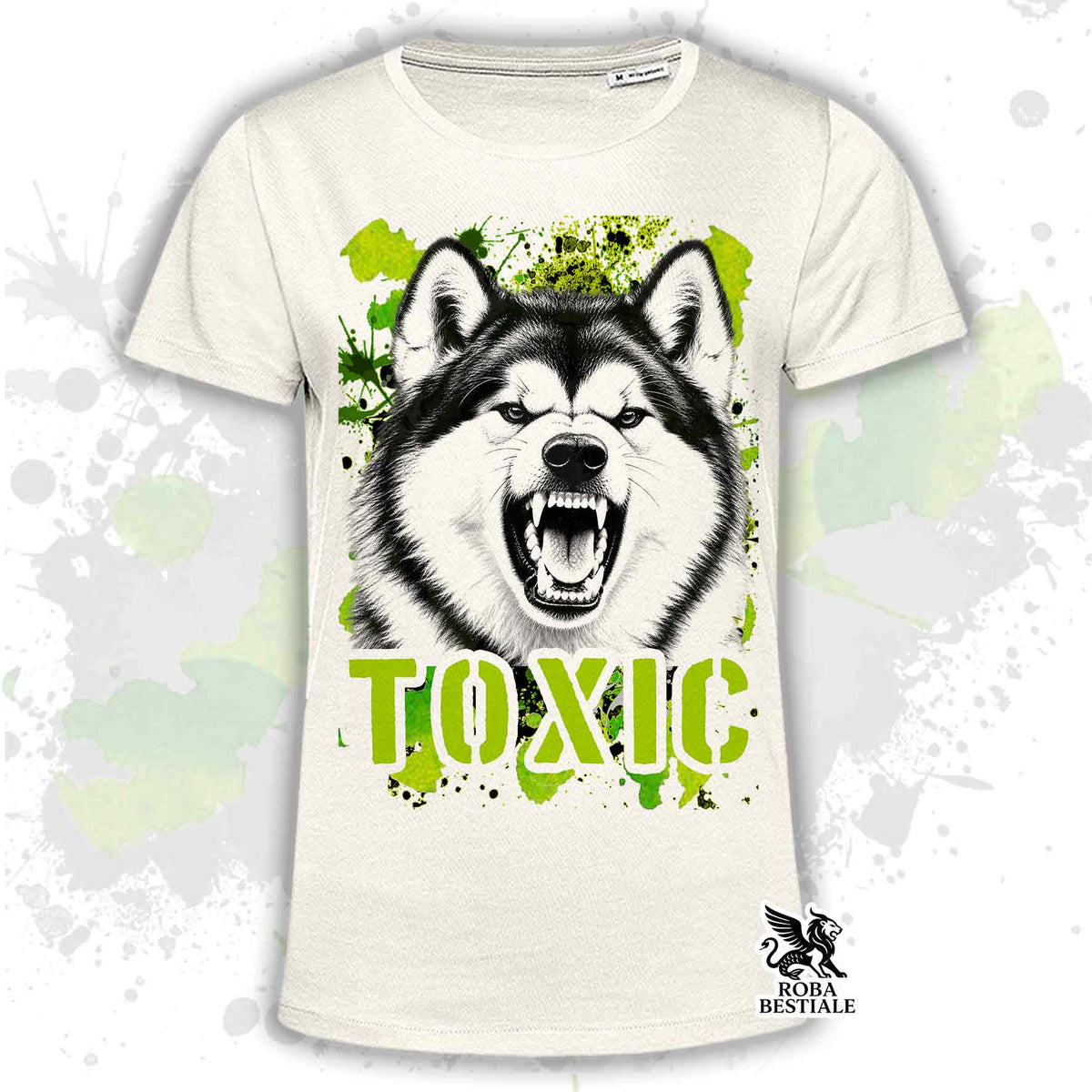 T-shirt beige stampata con un Alaskan Malamute con espressione arrabbiata. Grafica originale Roba Bestiale, collezione Toxic