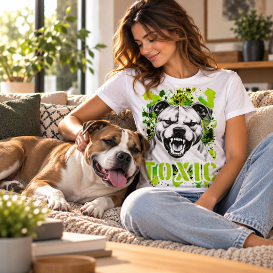 T-shirt bianca stampata con un American Staffordshire Terrier con espressione arrabbiata. Grafica originale Roba Bestiale, collezione Toxic