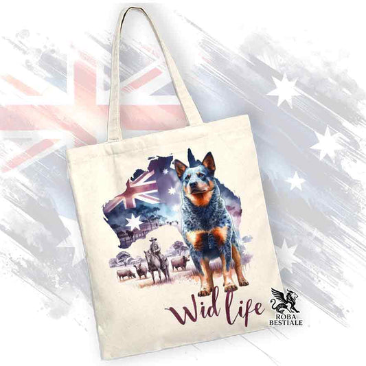 Borsa Tote Bag, stampata con un Australian Cattle Dog, grafica Australian Wild Life