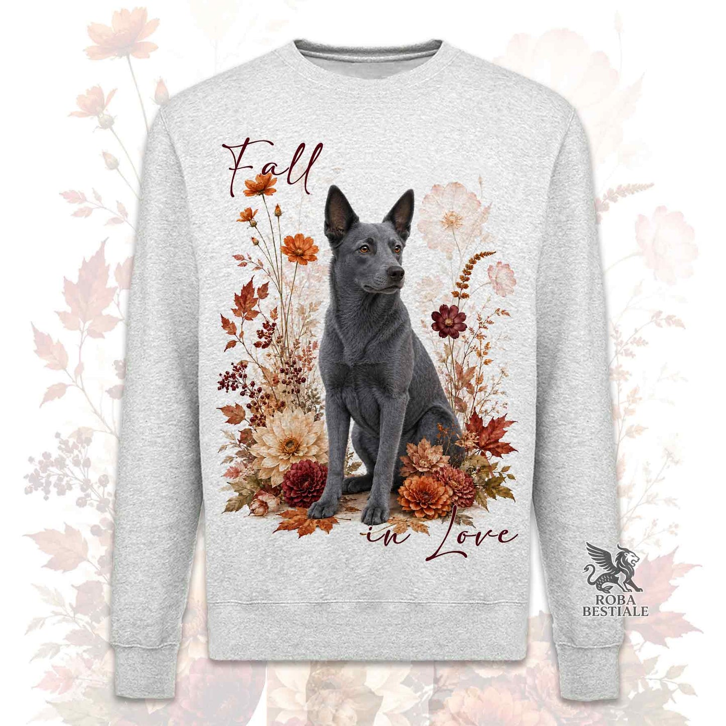 Felpa girocollo grigia stampata con un Australian Kelpie seduto in mezzo a fiori e foglie autunnali. Grafica originale Roba Bestiale, collezione Fall in Love