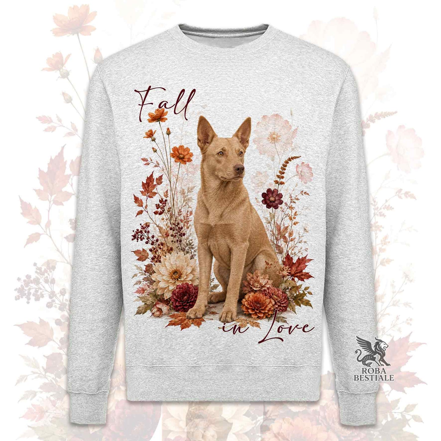 Felpa girocollo grigia stampata con un Australian Kelpie seduto in mezzo a fiori e foglie autunnali. Grafica originale Roba Bestiale, collezione Fall in Love
