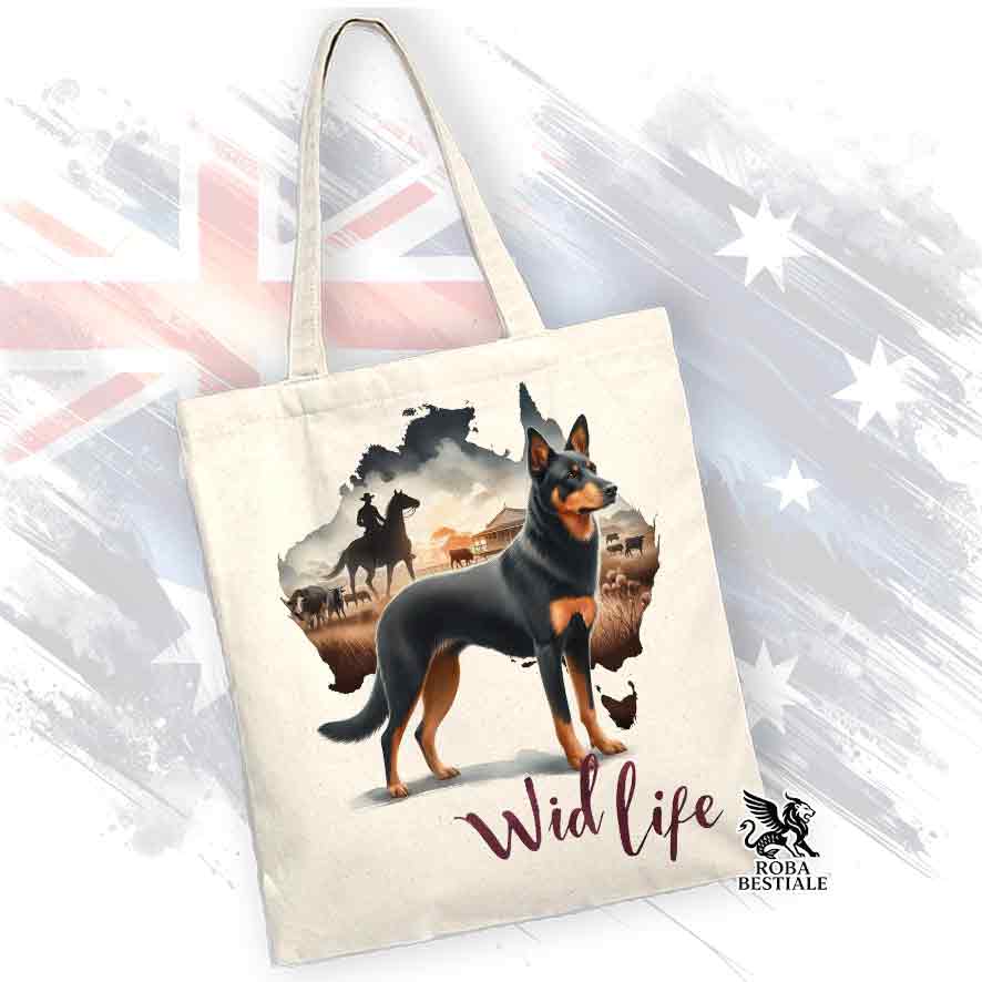 Borsa Tote Bag, stampata con un Australian Kelpie nero focato, grafica Australian Wild Life