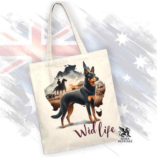 Borsa Tote Bag, stampata con un Australian Kelpie nero focato, grafica Australian Wild Life