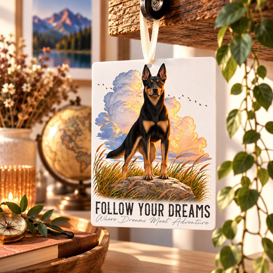 Car Air Freshener QUOTES "DREAM" - AUSTRALIAN KELPIE Black Tricolor - Felt, with cord - 7.5 x 10 cm