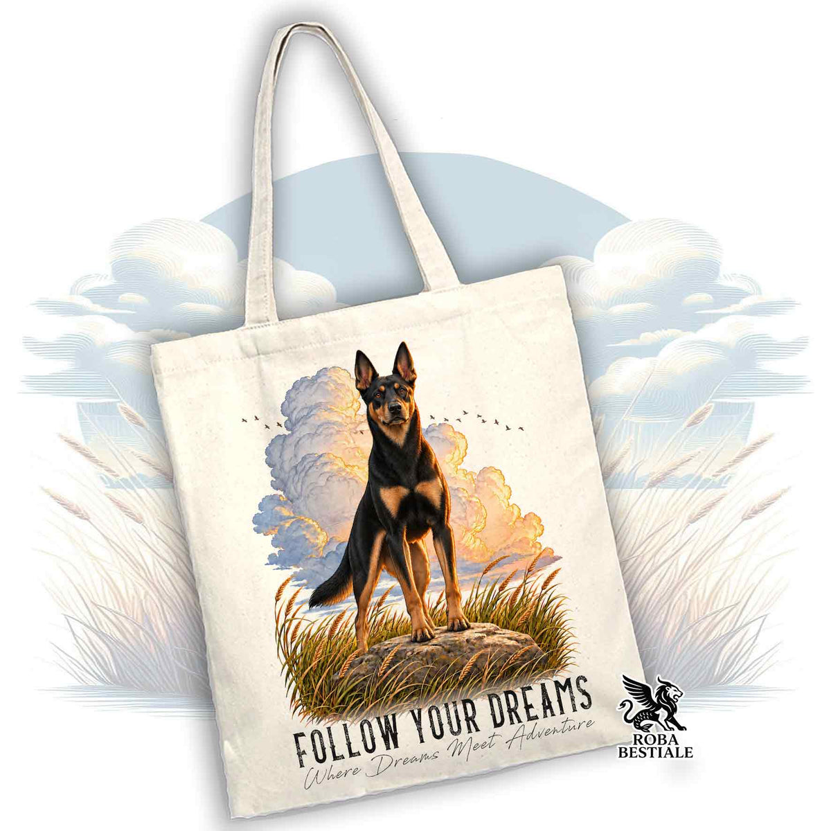 Cabas CITATIONS "RÊVE" - KELPIE AUSTRALIEN Noir Tricolore - Plusieurs couleurs disponibles, 100% Coton