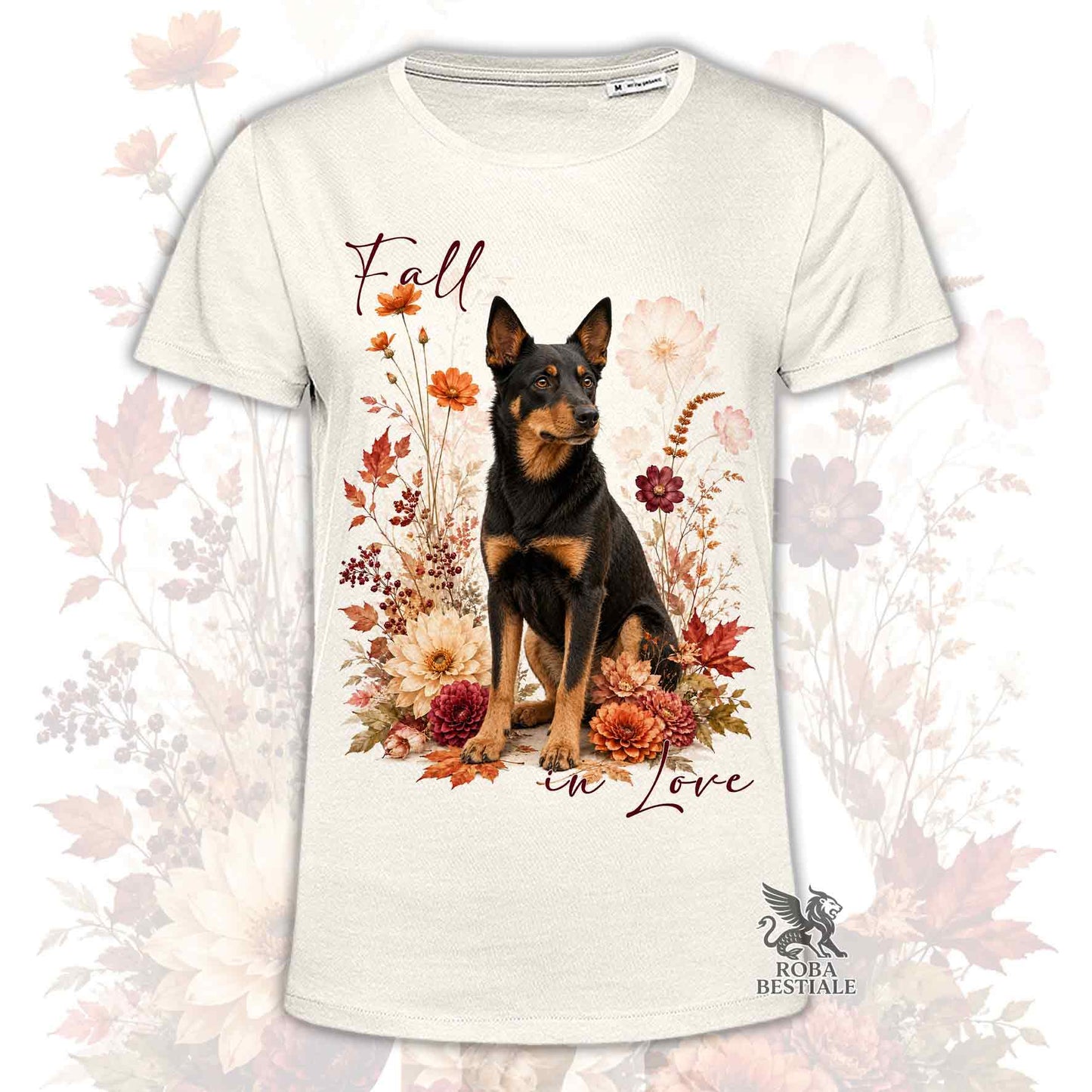 T-shirt beige stampata con un Australian Kelpie seduto in mezzo a fiori e foglie autunnali. Grafica originale Roba Bestiale, collezione Fall