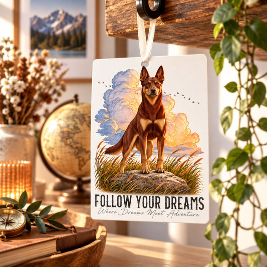 Car Air Freshener QUOTES "DREAM" - AUSTRALIAN KELPIE Chocolate - Felt, with cord - 7.5 x 10 cm