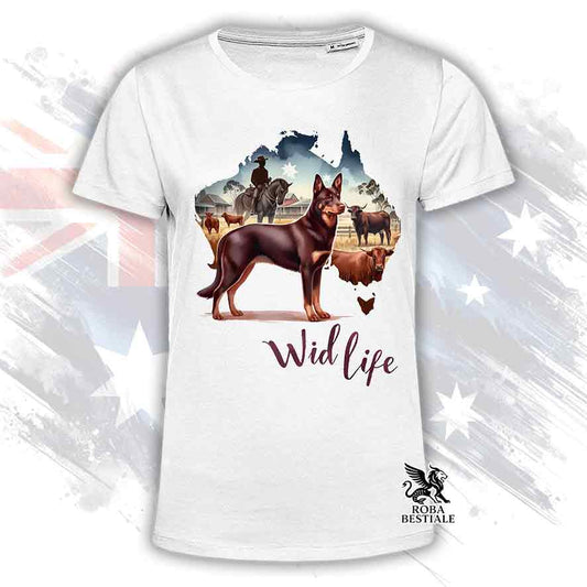 T-shirt bianca stampata con un Australian Kelpie, grafica Australian Wild Life