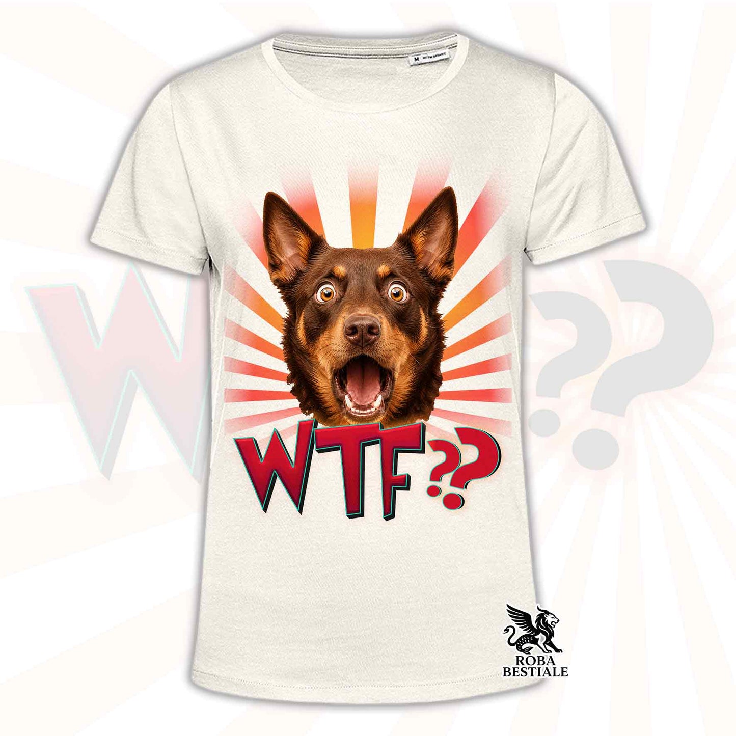 T-shirt beige stampata con un Australian Kelpie rosso focato con espressione sorpresa. Grafica originale Roba Bestiale, collezione WTF??