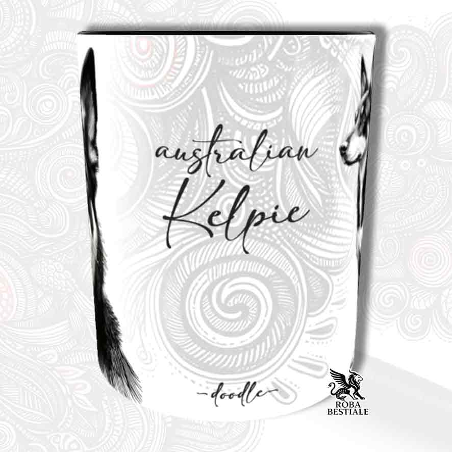 Tazza bianca con dettagli neri, stampata con un Australian Kelpie, grafica Doodle