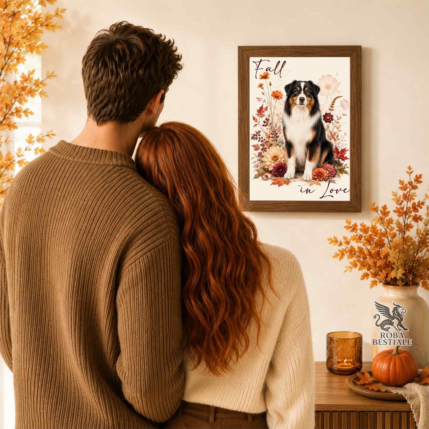 Quadretto con la stampa A4 di un Australian Shepherd seduto in mezzo a fiori e foglie autunnali. Grafica originale Roba Bestiale, collezione Fall in Love