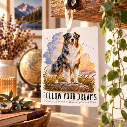 Car Air Freshener QUOTES "DREAM" - AUSTRALIAN SHEPHERD Blue Merle - Felt, with cord - 7.5 x 10 cm