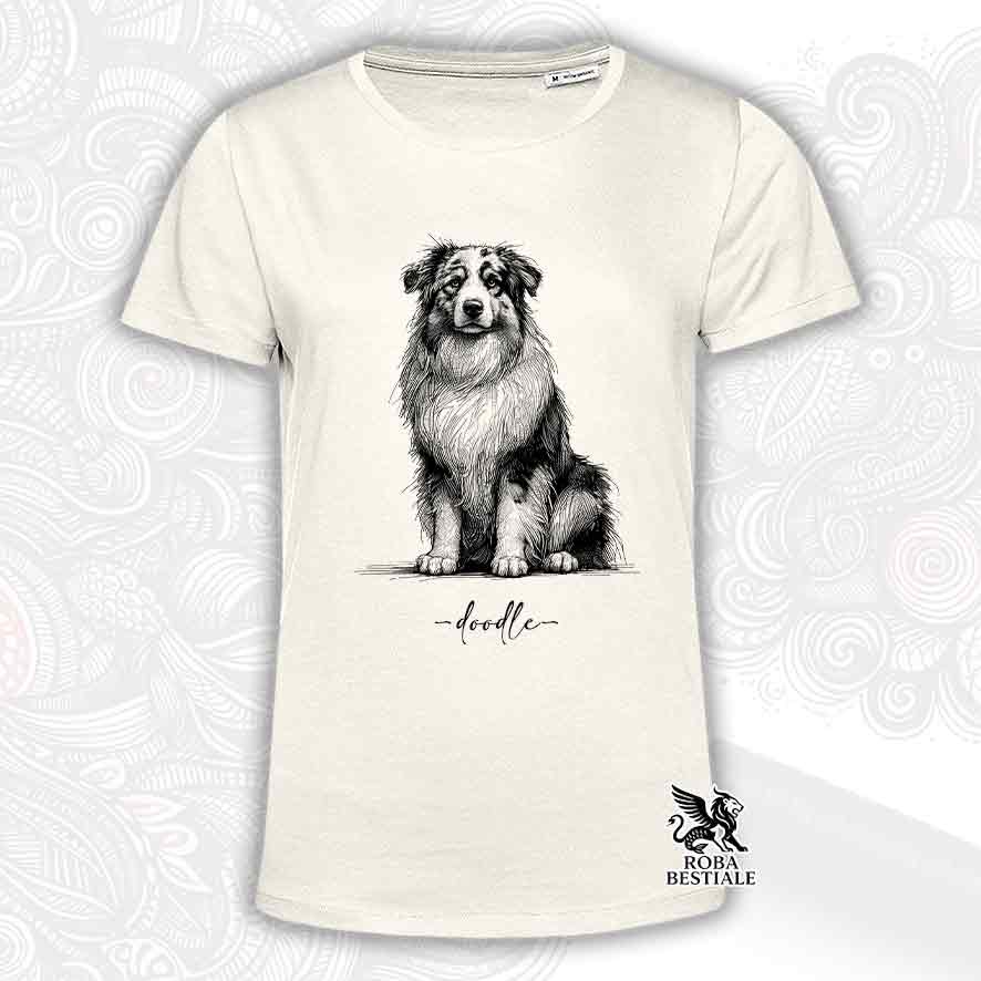 T-shirt beige stampata con un Australian Shepherd, grafica Doodle
