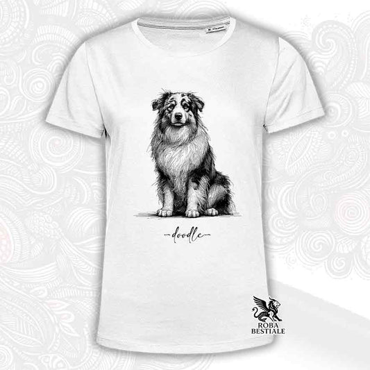 T-shirt bianca stampata con un Australian Shepherd, grafica Doodle