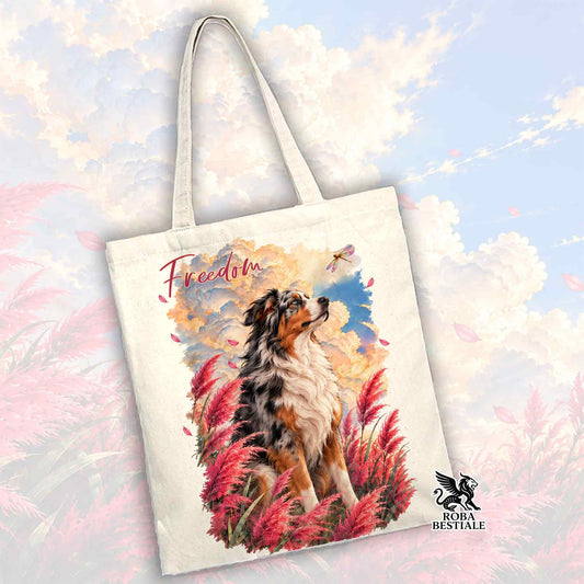 Borsa tote bianca con manici lunghi, stampa cane tra piume rosse e logo in basso