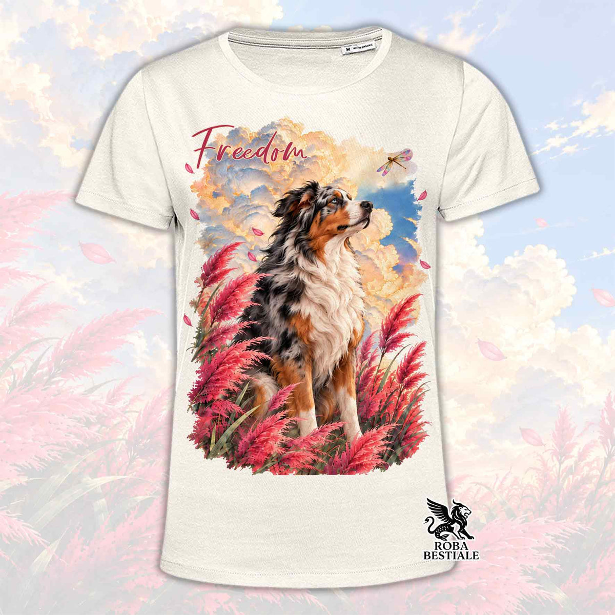 T-shirt bianca con stampa cane multicolore e logo ROBA Bestiale in basso