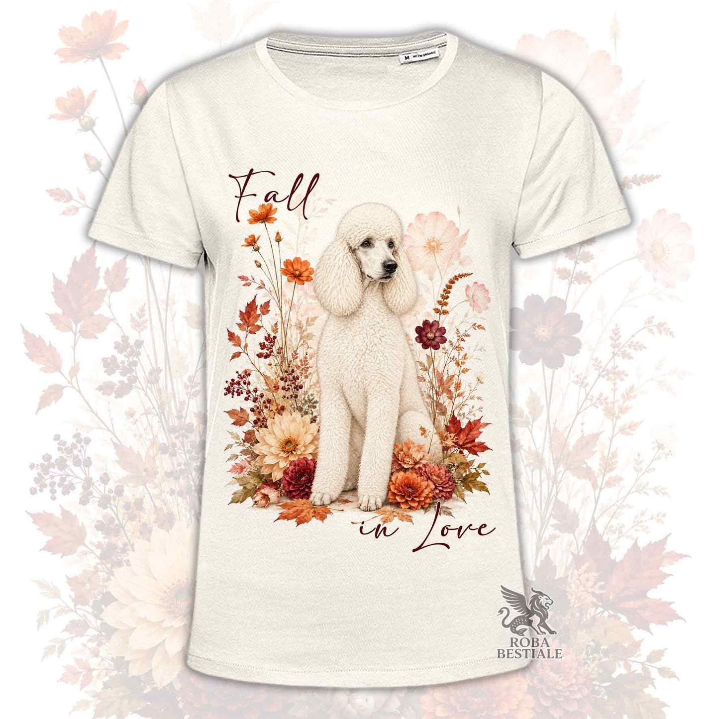 T-shirt beige stampata con un Barbone grande mole seduto in mezzo a fiori e foglie autunnali. Grafica originale Roba Bestiale, collezione Fall in Love