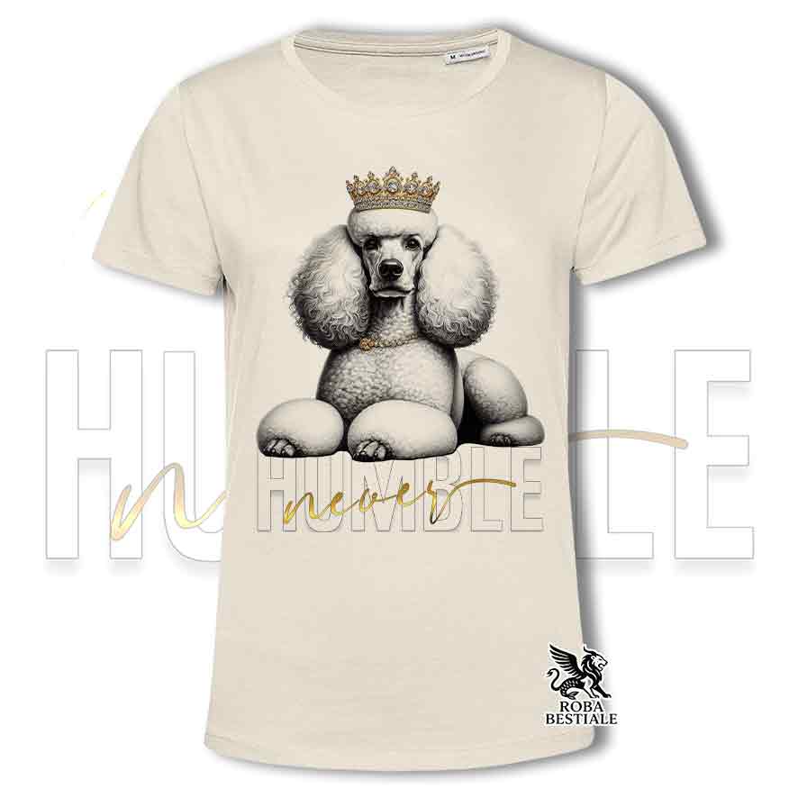 T-shirt stampata con Barbone grande mole bianco, colore beige con grafica Never Humble