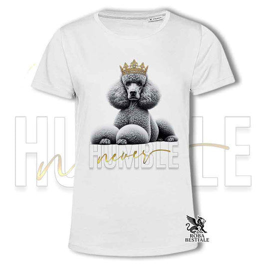 T-shirt bianca stampata con un Barbone Grande Mole, grafica Never Humble