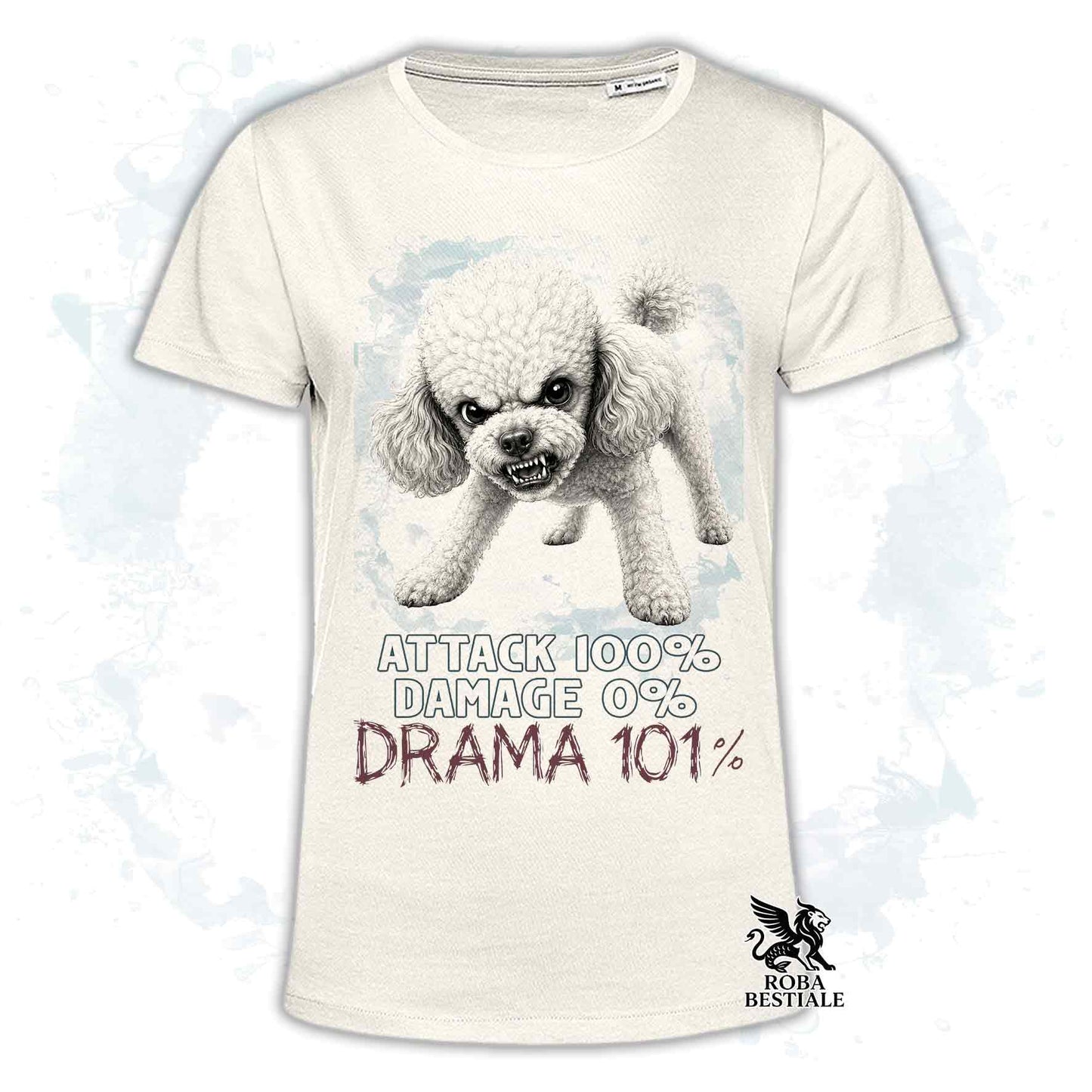 Maglietta beige stampata con un Barbone toy, collezione originale Drama 101 di Roba Bestiale