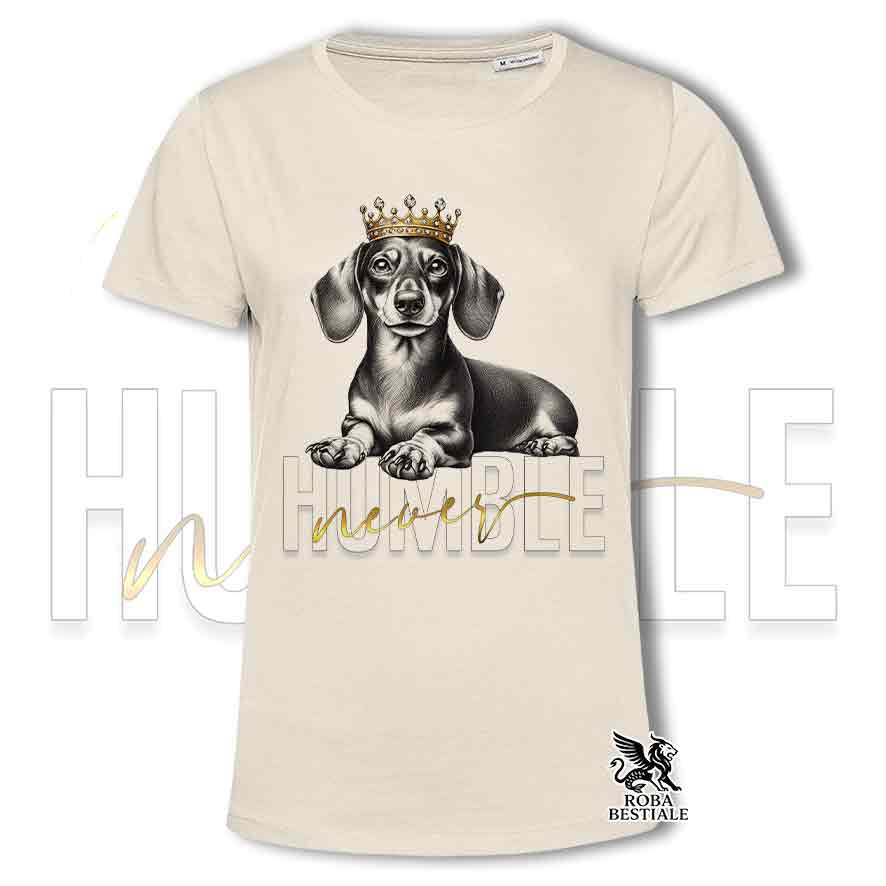 T-shirt stampata con un Bassotto a pelo corto, colore beige con grafica Never Humble