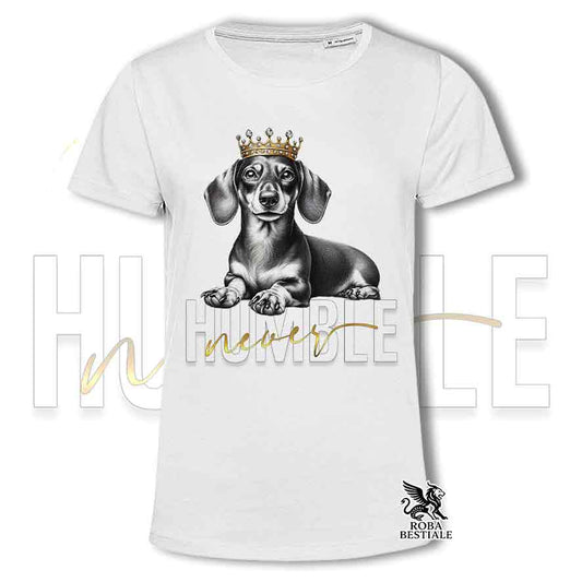 T-shirt stampata con un Bassotto a pelo corto, colore bianco con grafica Never Humble