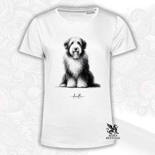 T-shirt bianca stampata con un Bearded Collie, grafica Doodle