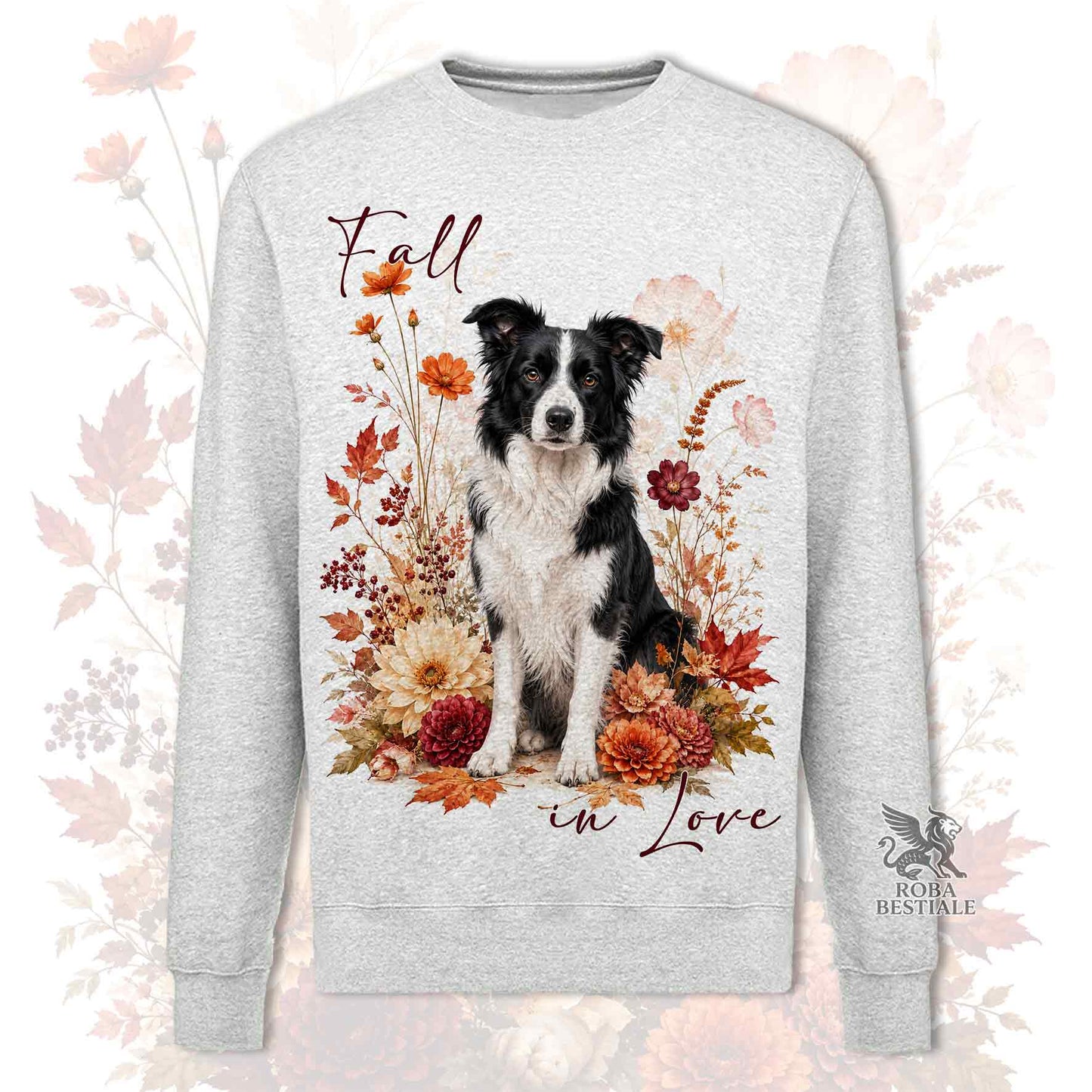 Felpa girocollo grigia stampata con un Border Collie seduto in mezzo a fiori e foglie autunnali. Grafica originale Roba Bestiale, collezione Fall in Love