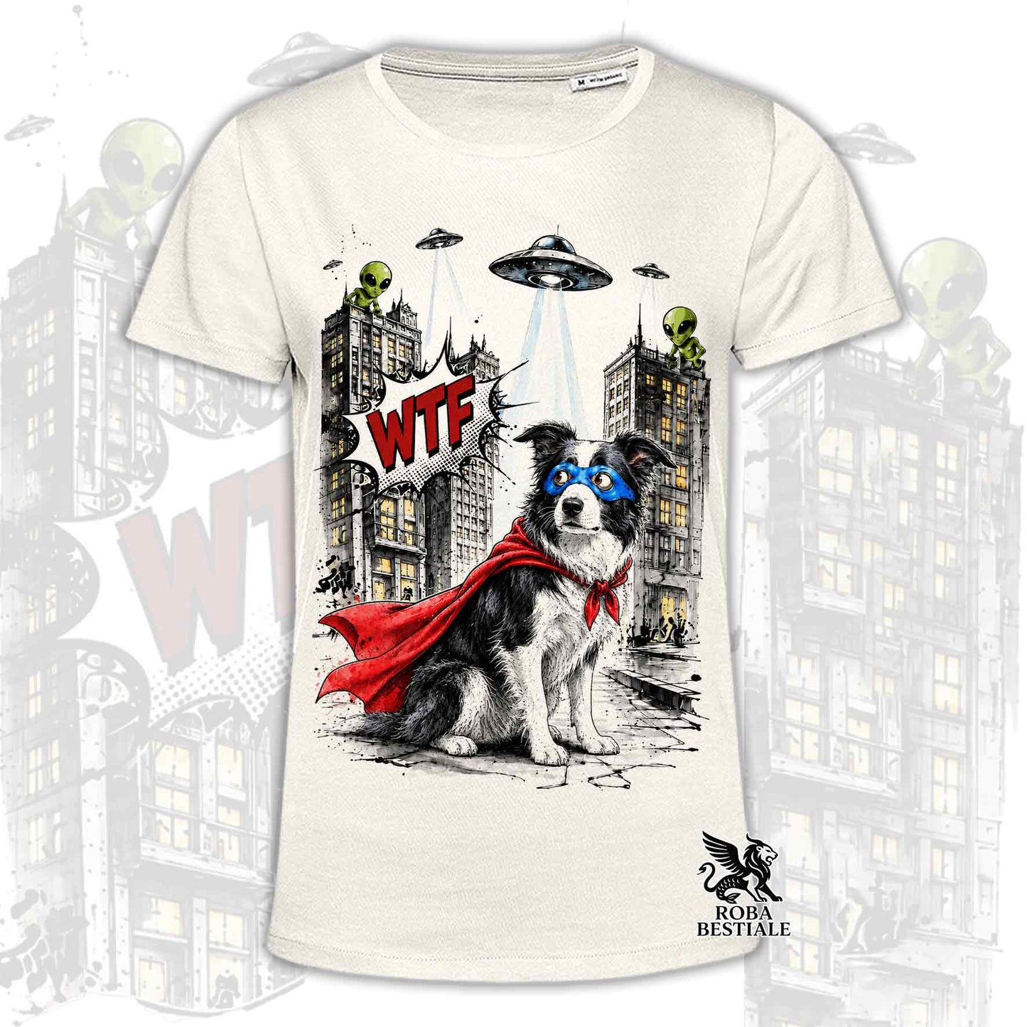 T-shirt beige stampata con un Border Collie con espressione sorpresa, vestito da Super Eroe. Grafica originale Roba Bestiale, collezione Hero
