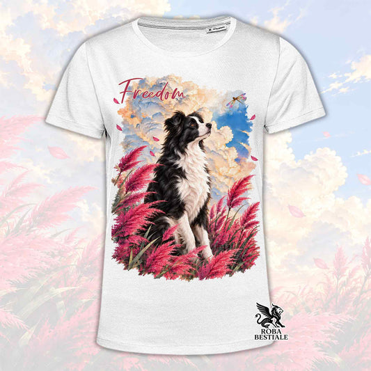 Maglietta bianca con stampa Border Collie e logo sul fondo, scollo tondo