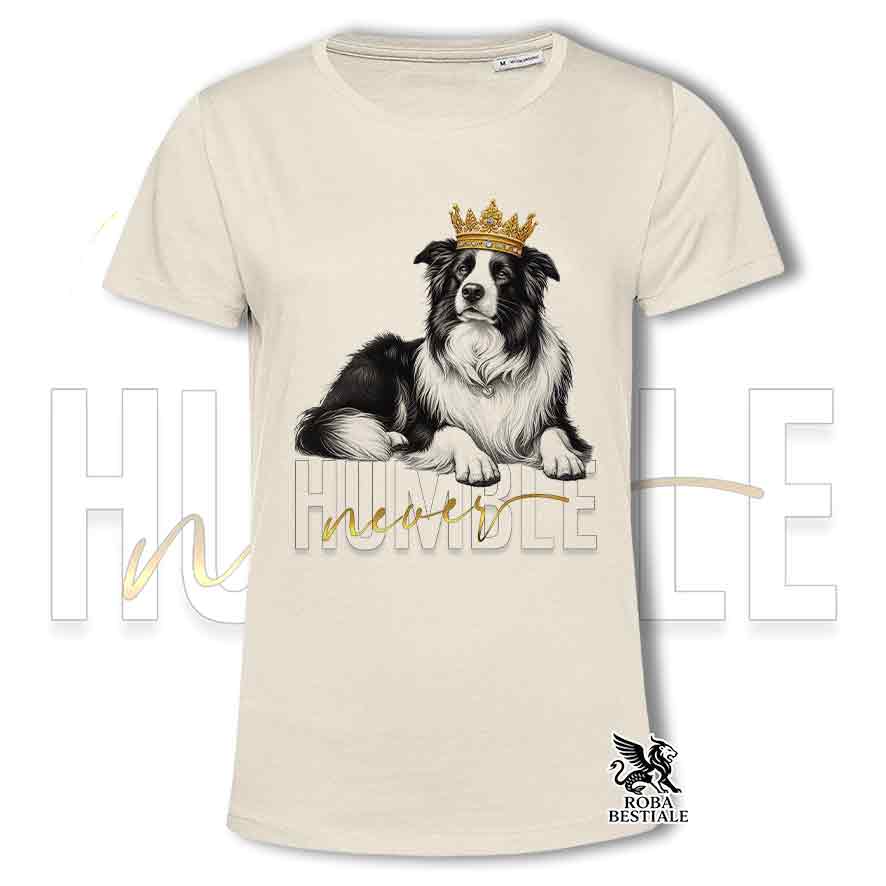 T-shirt stampata con un Border Collie, colore beige con grafica Never Humble