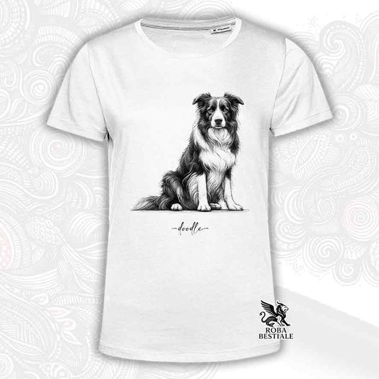 T-shirt bianca stampata con un Border Collie, grafica Doodle