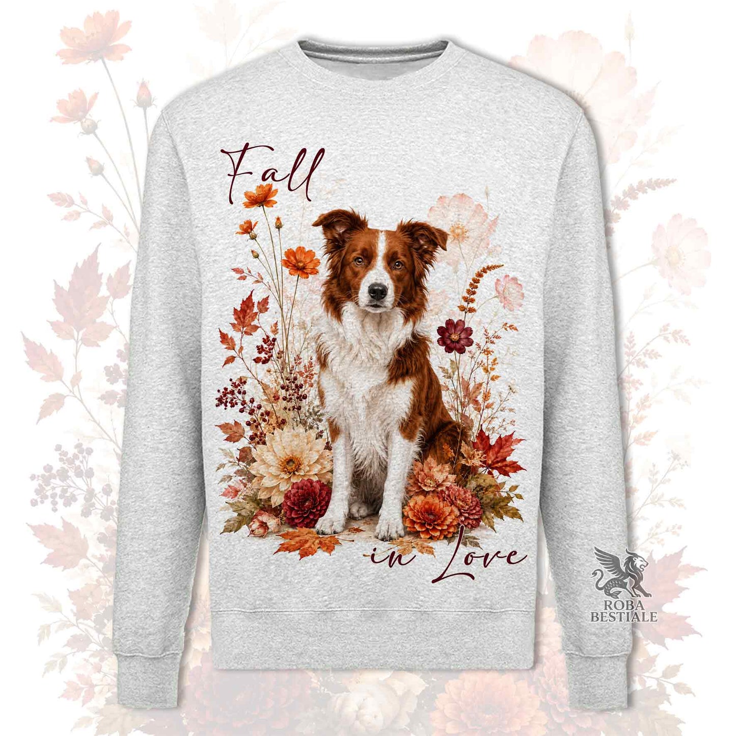 Felpa girocollo grigia stampata con un Border Collie seduto in mezzo a fiori e foglie autunnali. Grafica originale Roba Bestiale, collezione Fall in Love