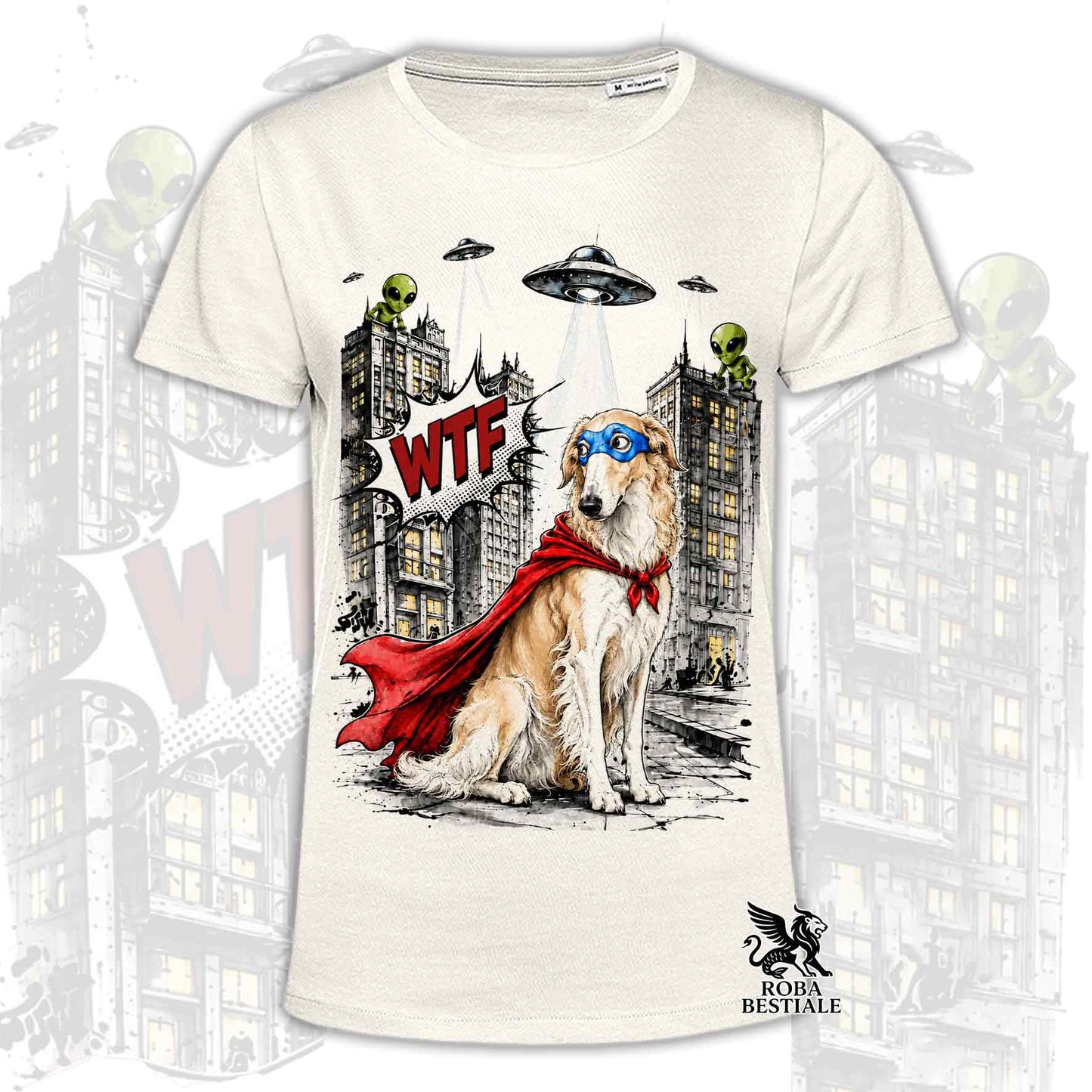 T-shirt beige stampata con un Borzoi con espressione sorpresa, vestito da Super Eroe. Grafica originale Roba Bestiale, collezione Hero